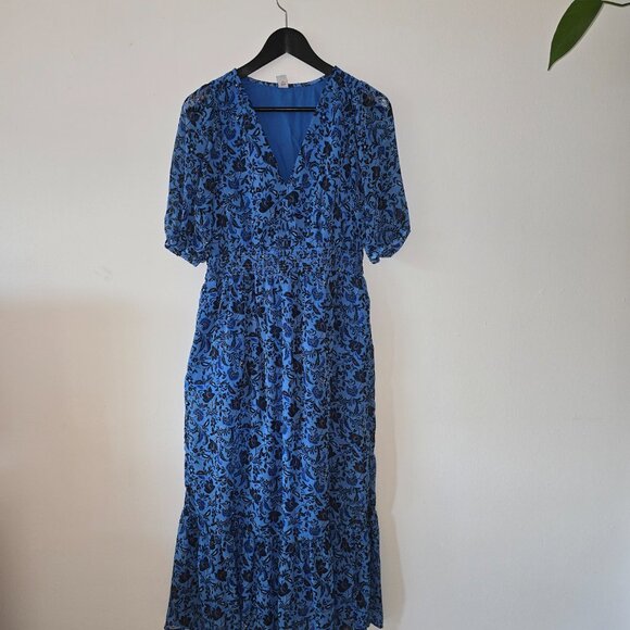 Old Navy - Waist - Defined V-Neck Midi - Blue Floral Print Dress - Medium Tall - Picture 1 of 12